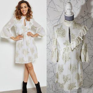 Miss Selfridge White & Gold Floral Print Ruffle Keyhole Dress